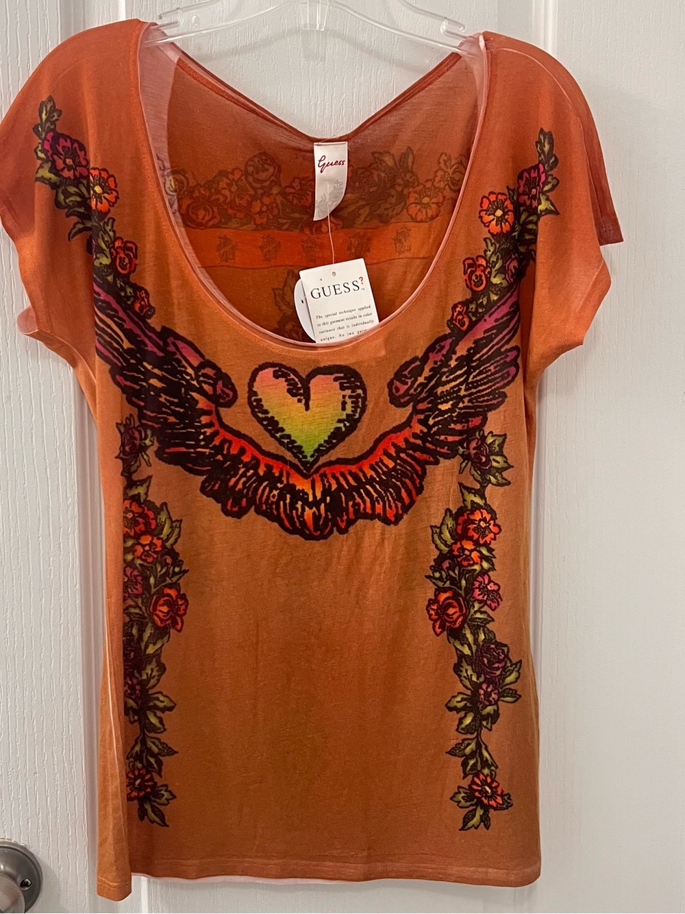 Y2K GUESS Burnout Sheer Graphic T, NWT, Winged Heart and Floral Trim